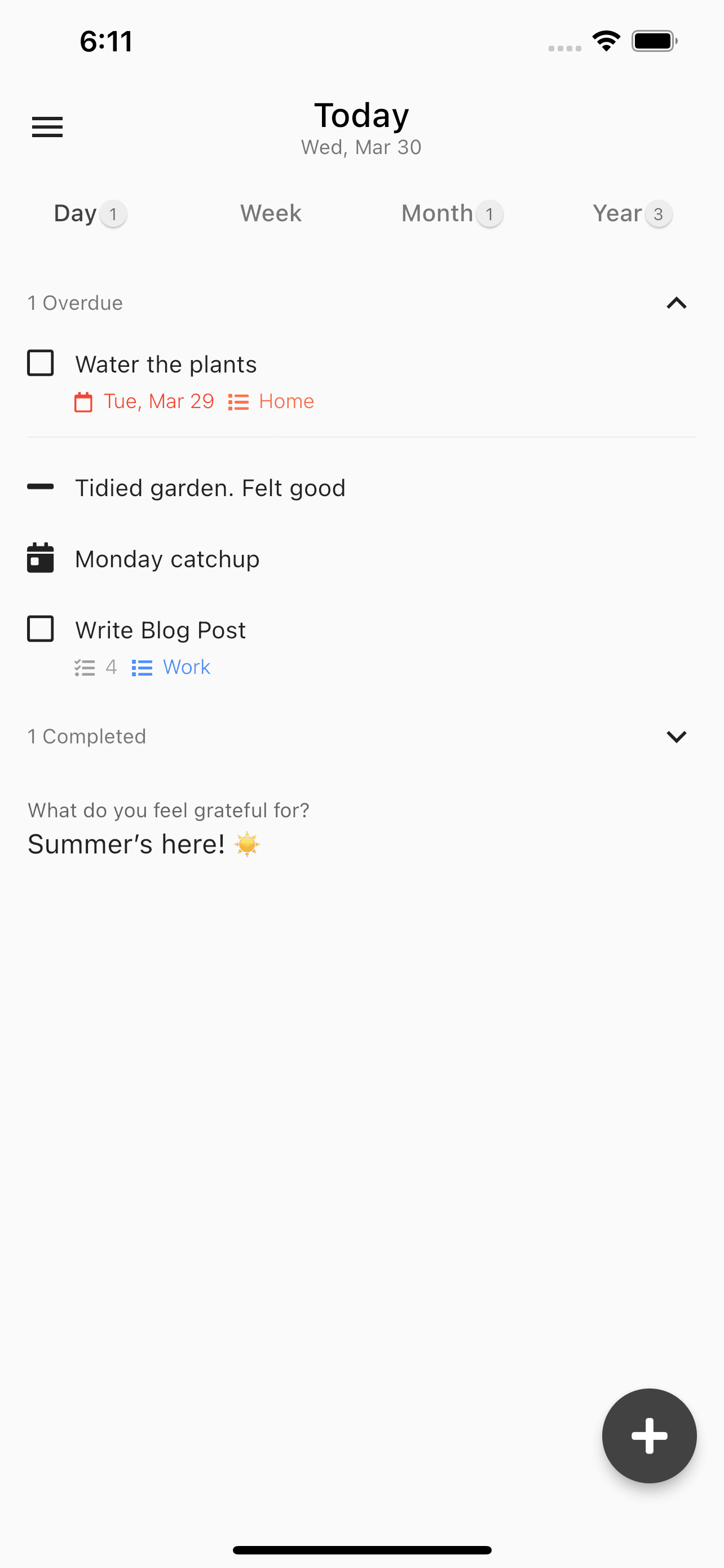 App screenshot of Bullet Journal today page