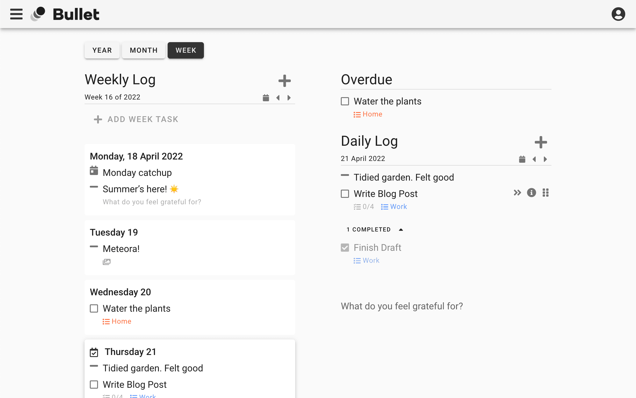 Desktop screenshot of Bullet Journal dashboard